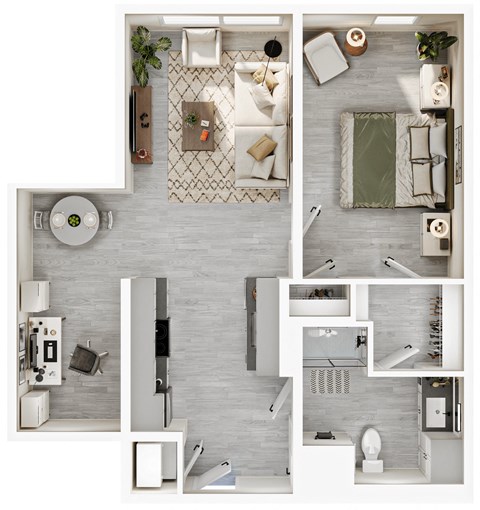 a 3d drawing of a bedroom with a bathroom and a living room